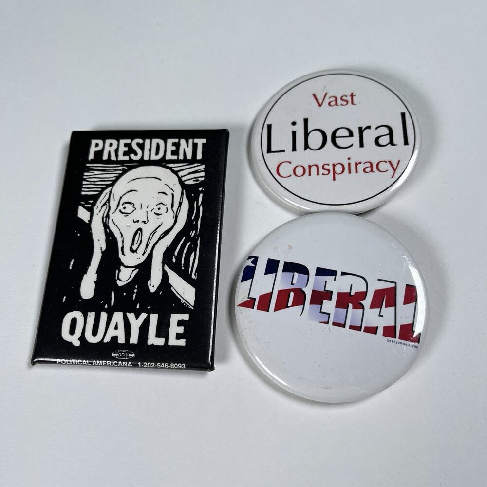 Vintage 90s Political Pins Buttons Liberal “Vast Liberal Conspiracy” Anti-Quayle